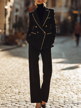 Black Pinstripe Double-Breasted Suit With Contrast Piping