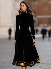 Elegant Velvet Midi Dress With Gold Trim