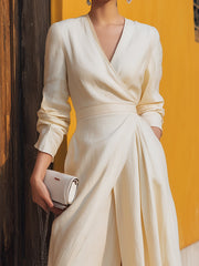 Elegant Ivory Wrap Dress With Slit And Front Knot Detail