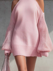 Pink Cold Shoulder Knit Mini Dress With Mesh Puff Sleeves