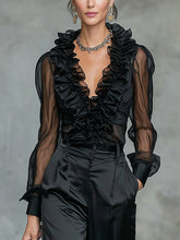 Black Sheer Ruffled Organza Blouse With Deep V-Neck