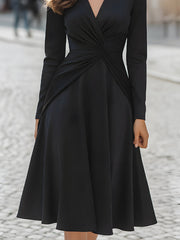 Black Pleated Twist-Waist Midi Dress