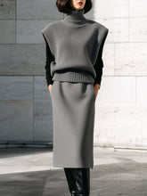 Gray Knit Turtleneck Vest And Midi Skirt Set