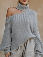 Symmetric Off-Shoulder Turtleneck Knit Sweater