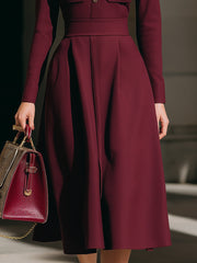Burgundy Long-Sleeve Pleated Shirt Midi Dress