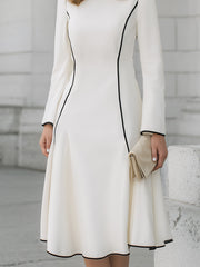 Ivory Long-Sleeve A-Line Midi Dress With Contrast Piping