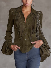 Olive Green Faux Suede Fringe Studded Blouse