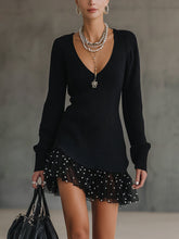 Black Deep V-Knit Sweater Dress With Beading Mesh Hem
