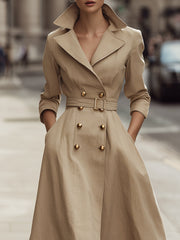 Beige Double-Breasted Belted Trench Coat Dress With Gold Buttons