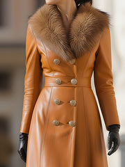 Caramel Leather Double-Breasted Coat With Fur Collar