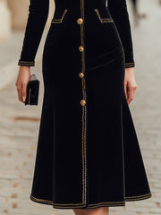 Velvet Gold-Trim Buttoned Midi Dress