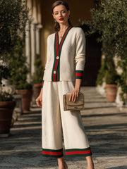 Contrast Trim Button-Front Knit Set