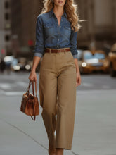 Denim Button-Up Shirt With High-Waist Khaki Wide-Leg Pants