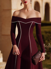 Burgundy Off-Shoulder Dress With White Piping