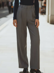 Navy Ribbed Knit Polo Top And Gray Tailored Trousers Set