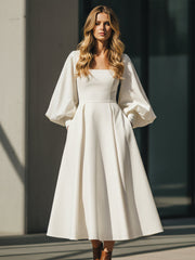Ivory Sculpted Midi Dress With Balloon Sleeves