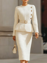 Cream Tweed Peplum Jacket & Pencil Skirt Set With Gold Accents