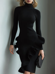 Black High-Neck Ribbed Midi Dress With Ruffle Detail