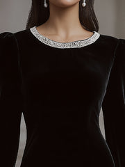 Elegant Velvet Mini Dress With Embellished Neckline And Floral Cuff Detail