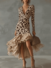 Leopard Print Ruffled High Low Midi Dress