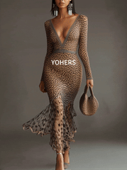 Leopard Print Deep V-Neck Mermaid Dress