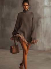 Brown Ruffled Hem Turtleneck Sweater Dress