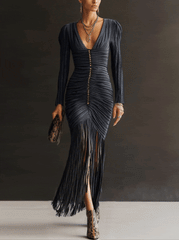 Midnight pleated tassel V-neck fitted button Bodycon Dress