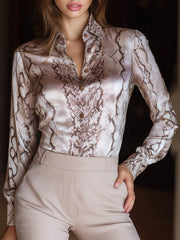 Satin Snake-Print Button-Up Shirt With Tailored Fit