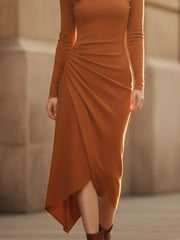 Burnt Amber Asymmetric Drape Midi Dress