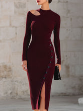 Elegant Burgundy Ribbed Cutout Midi Dress With Side Buttons And Slit