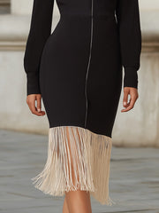 Zip-Front Midi Dress With Contrast Fringe Hem