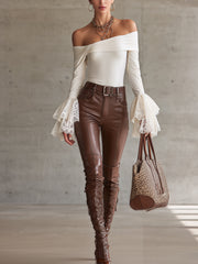 White Off-Shoulder T-shirts With Lace Flared Sleeves