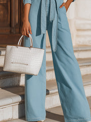 Light Blue Belted Denim Jumpsuit With Wide-Leg Silhouette