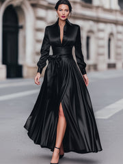 Satin Shirt Maxi Dress With Bow Waist