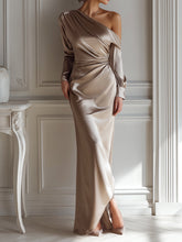 One-Shoulder Champagne Satin Draped Maxi Dress