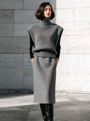 Gray Knit Turtleneck Vest And Midi Skirt Set