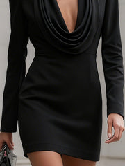Sophisticated Black Cowl Neck Tailored Mini Dress