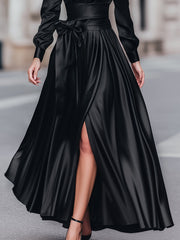 Satin Shirt Maxi Dress With Bow Waist