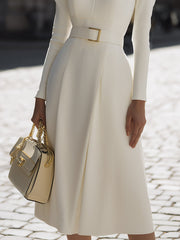 Ivory Long-Sleeve Belted A-Line Midi Dress
