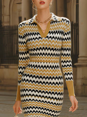 Retro Chevron Print Polo Collar Knit Midi Dress