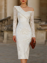 One-Shoulder Lace-Sleeve Jacquard Midi Dress