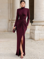Ruched High-Neck Evening Gown With Front Slit