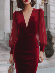 Burgundy Velvet Deep V-Neck Midi Dress: Elegant Statement For Formal Occasions