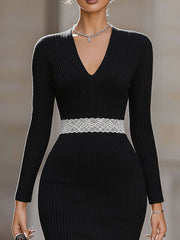 Elegant Black Rib-Knit Lace-Trimmed Deep V-Neck Sheath Midi Dress