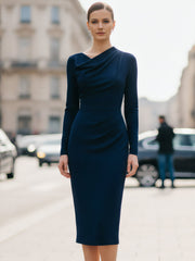 Navy Draped Midi Dress