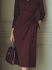 Burgundy Wrap-Front Shirt Dress With Draped Waist