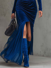 Royal Blue Velvet Ruched Bodycon Dress With Chiffon Splicing