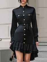 Elegant Black Satin Ruffled Shirt Dress With Gold Buttons
