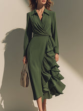 Olive Green Long-Sleeve Wrap Dress With Cascading Ruffle Detail