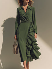 Olive Green Long-Sleeve Wrap Dress With Cascading Ruffle Detail